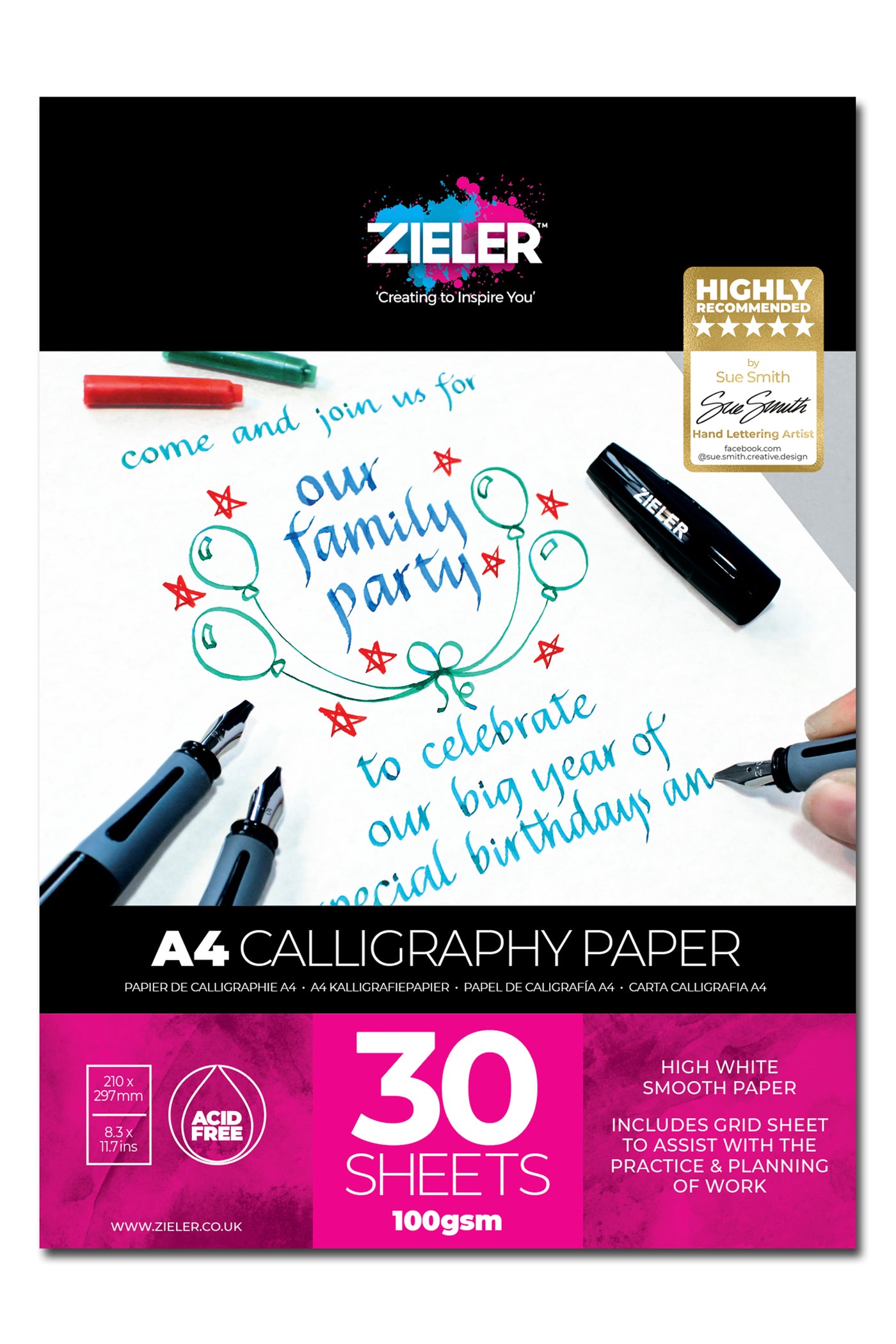 Calligraphy Pad | A4 | 100gsm | 30 Sheets of Smooth, High-White Paper | Includes Grid Sheet - by Zieler® | 09299555