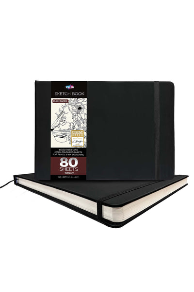 Classic Hardcover Art Sketchbook for Pencil, Ink, Charcoal and Pastel Sketching  | 80 sheets – 140gsm | 140mm x 207mm Landscape | Black – by Zieler | 09299556