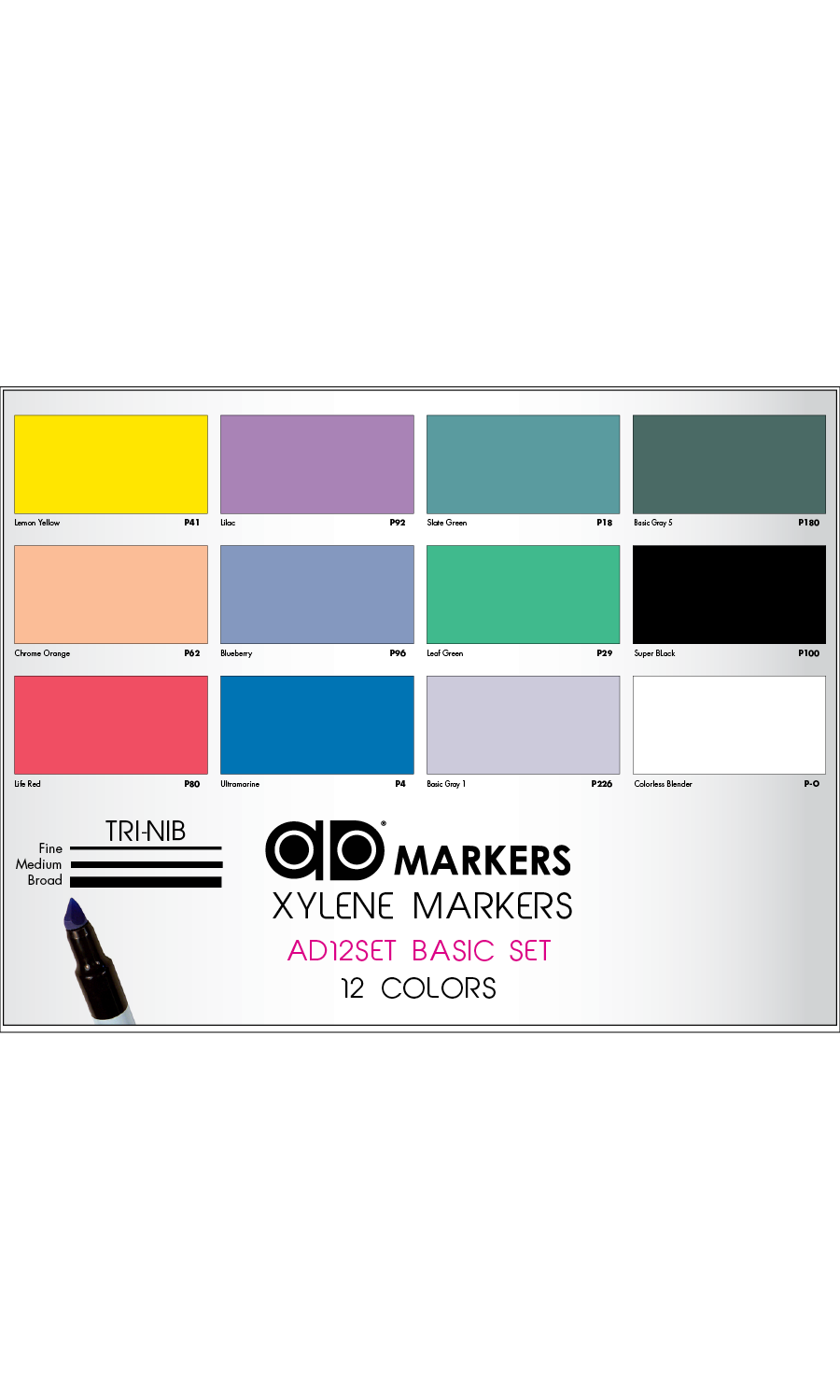 Chartpak Ad AD12 Marker 12-Color Basic Set