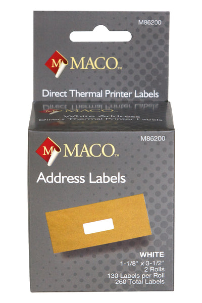 Direct Thermal White Address Labels, 1-1/8" x 3-1/2", 130/Roll, 260 Labels/Bx