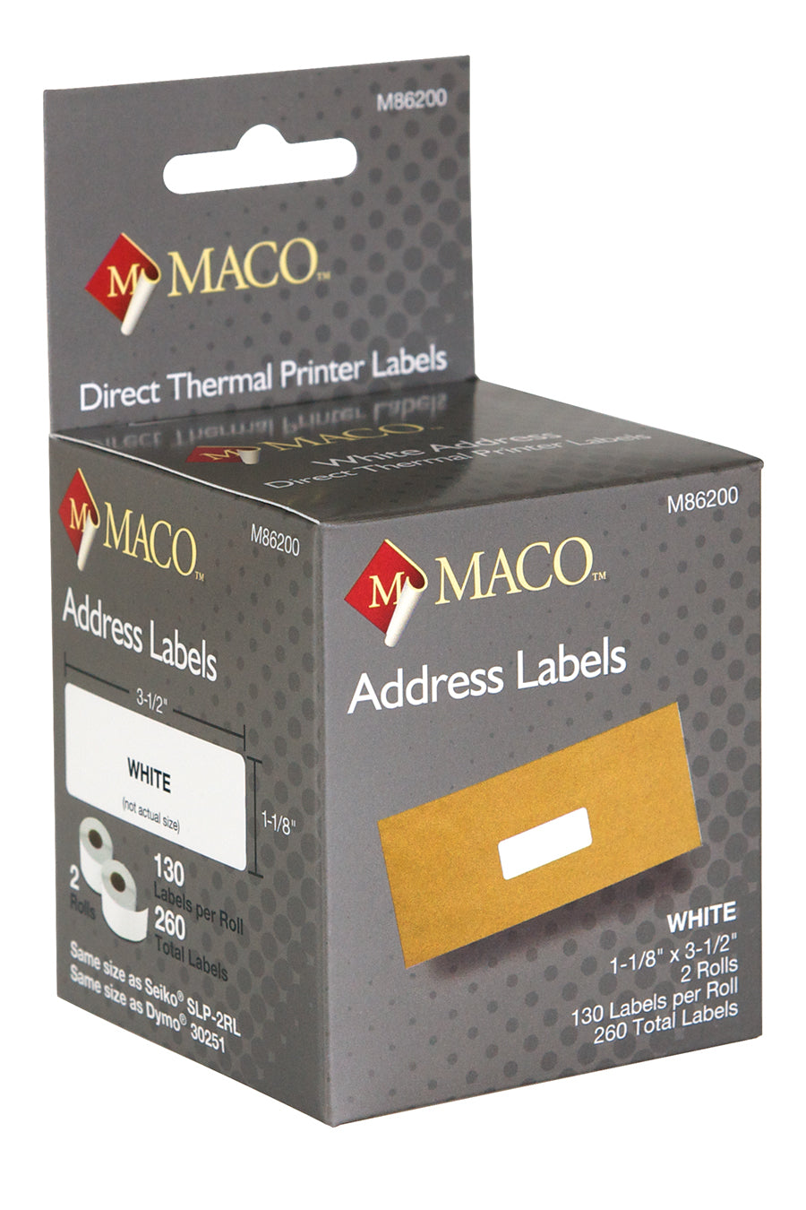 Direct Thermal White Address Labels, 1-1/8" x 3-1/2", 130/Roll, 260 Labels/Bx