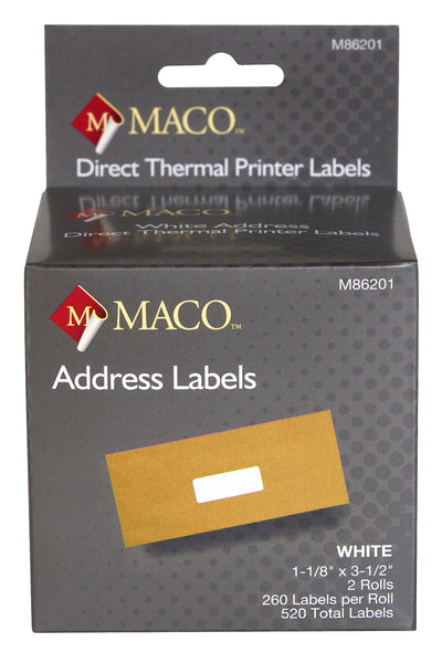 Direct Thermal White Address Labels, 1-1/8" x 3-1/2", 260/Roll, 520 Labels/Bx