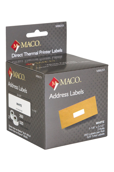 Direct Thermal White Address Labels, 1-1/8" x 3-1/2", 260/Roll, 520 Labels/Bx