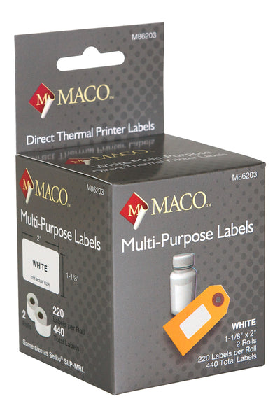 Direct Thermal White Multi-Purpose Labels, 1-1/8" x 2", 220/Roll, 440 Labels/Bx