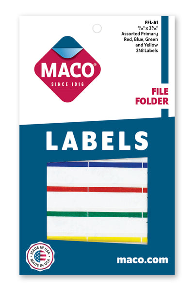 File Folder Labels, Assorted Primary, 9/16" x 3-7/16", 248/Bx