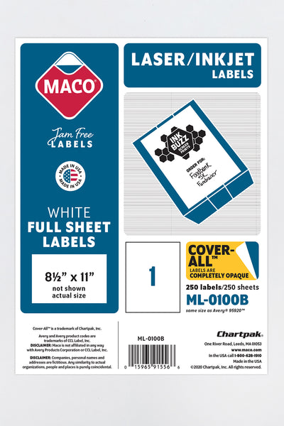 Laser/Ink Jet White Full Sheet Labels, 8-1/2" x 11", 1/Sheet, 250 Labels/Bx