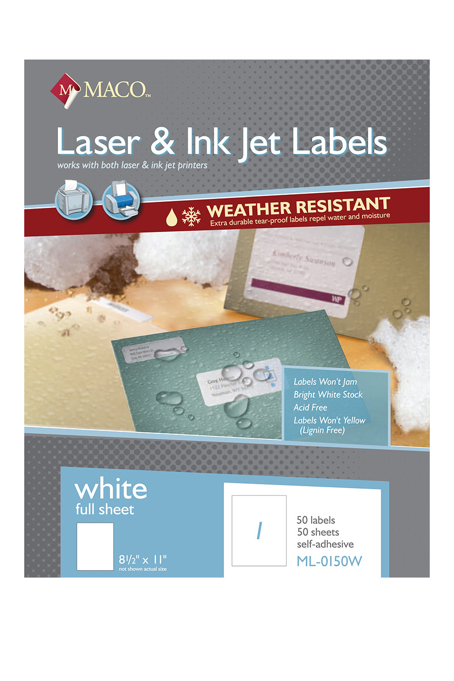 Laser/Ink Jet Weather-Resistant White Full-Sheet Labels, 8.5" x 11", 1/Sheet, 50 Labels/Bx