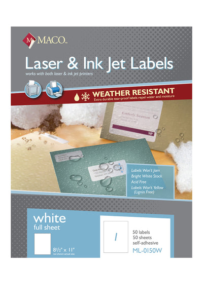 Laser/Ink Jet Weather-Resistant White Full-Sheet Labels, 8.5" x 11", 1/Sheet, 50 Labels/Bx