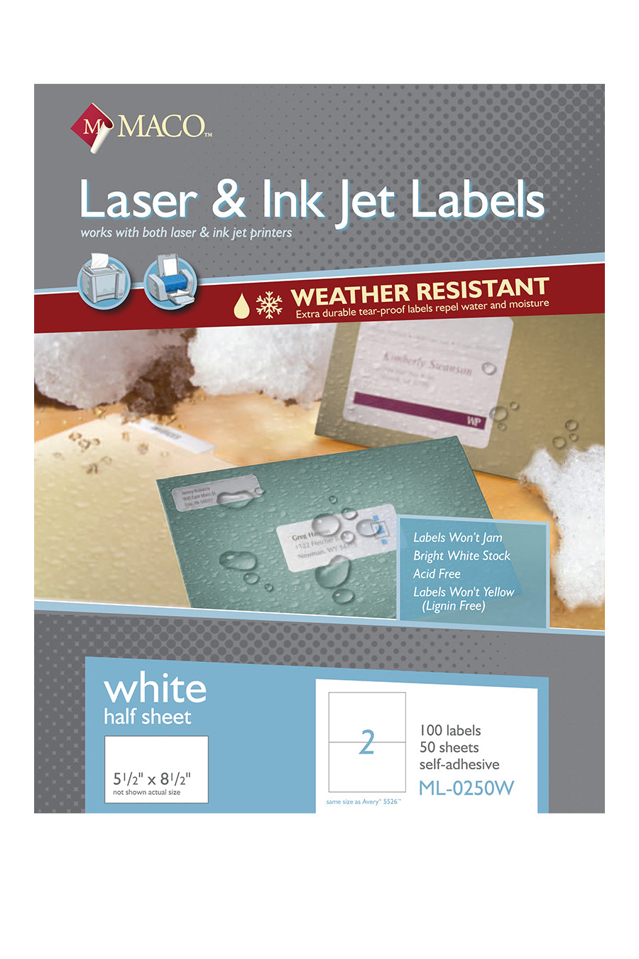 Laser/Ink Jet Weather-Resistant White Internet Shipping Labels, 5.5" x 8.5", 2/Sheet, 100 Labels/Bx