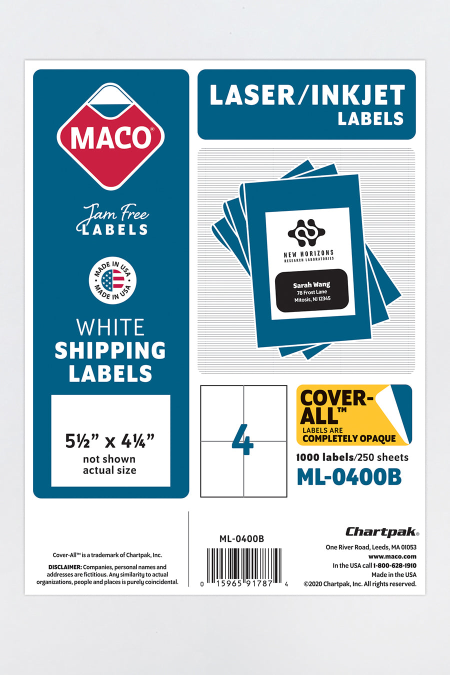 Laser/Ink Jet White Internet Shipping Labels, 5-1/2" x 4-1/4", 4/Sheet, 1000 Labels/Bx