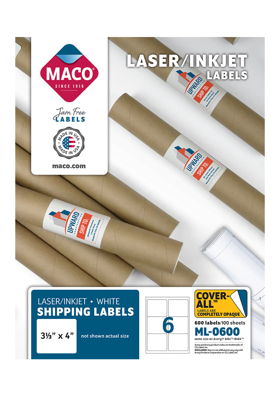 Laser/Ink Jet White Shipping Labels, 3-1/3" x 4", 6/Sheet, 600 Labels/Bx