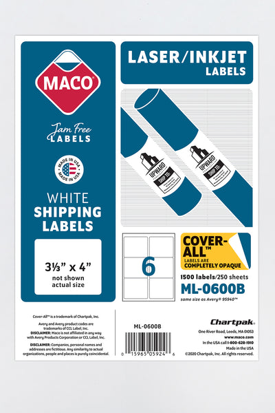 Laser/Ink Jet White Shipping Labels, 3-1/3" x 4", 6/Sheet, 1500 Labels/Bx