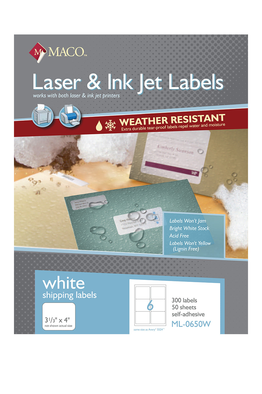 Laser/Ink Jet Weather-Resistant White Shipping Labels, 3-1/3" x 4", 6/Sheet, 300 Labels/Bx