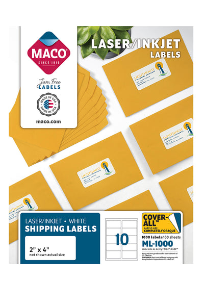 Laser/Ink Jet White Shipping Labels, 2" x 4", 10/Sheet, 1000 Labels/Bx