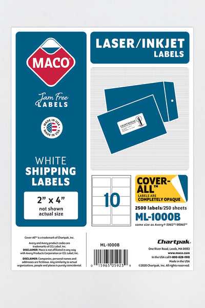 Laser/Ink Jet White Shipping Labels, 2" x 4", 10/Sheet, 2500 Labels/Bx