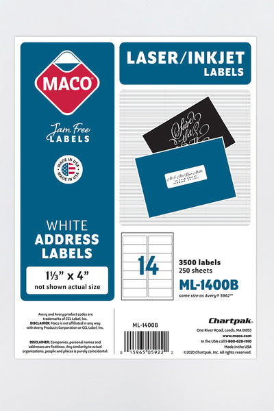 Laser/Ink Jet White Address Labels, 1-1/3" x 4", 14/Sheet, 3500 Labels/Bx