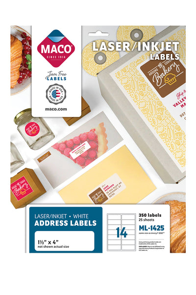 Laser/Ink Jet White Address Labels, 1-1/3" x 4", 14/Sheet, 350 Labels/Pk