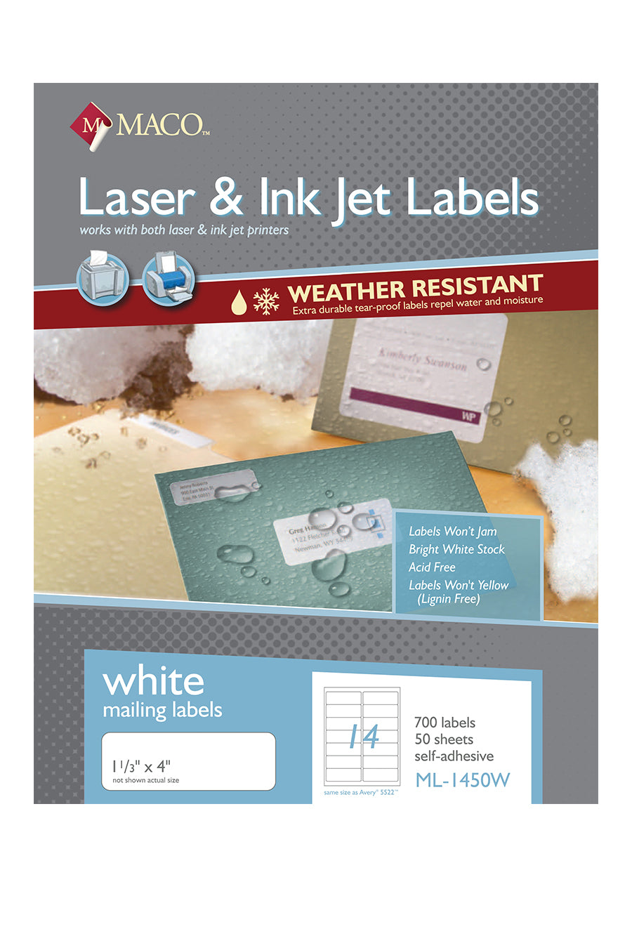 Laser/Ink Jet Weather-Resistant White Shipping Labels, 1-1/3" x 4", 14/Sheet, 700 Labels/Bx