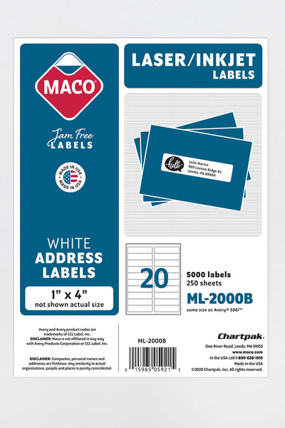 Laser/Ink Jet White Address Labels, 1" x 4", 20/Sheet, 5000 Labels/Bx