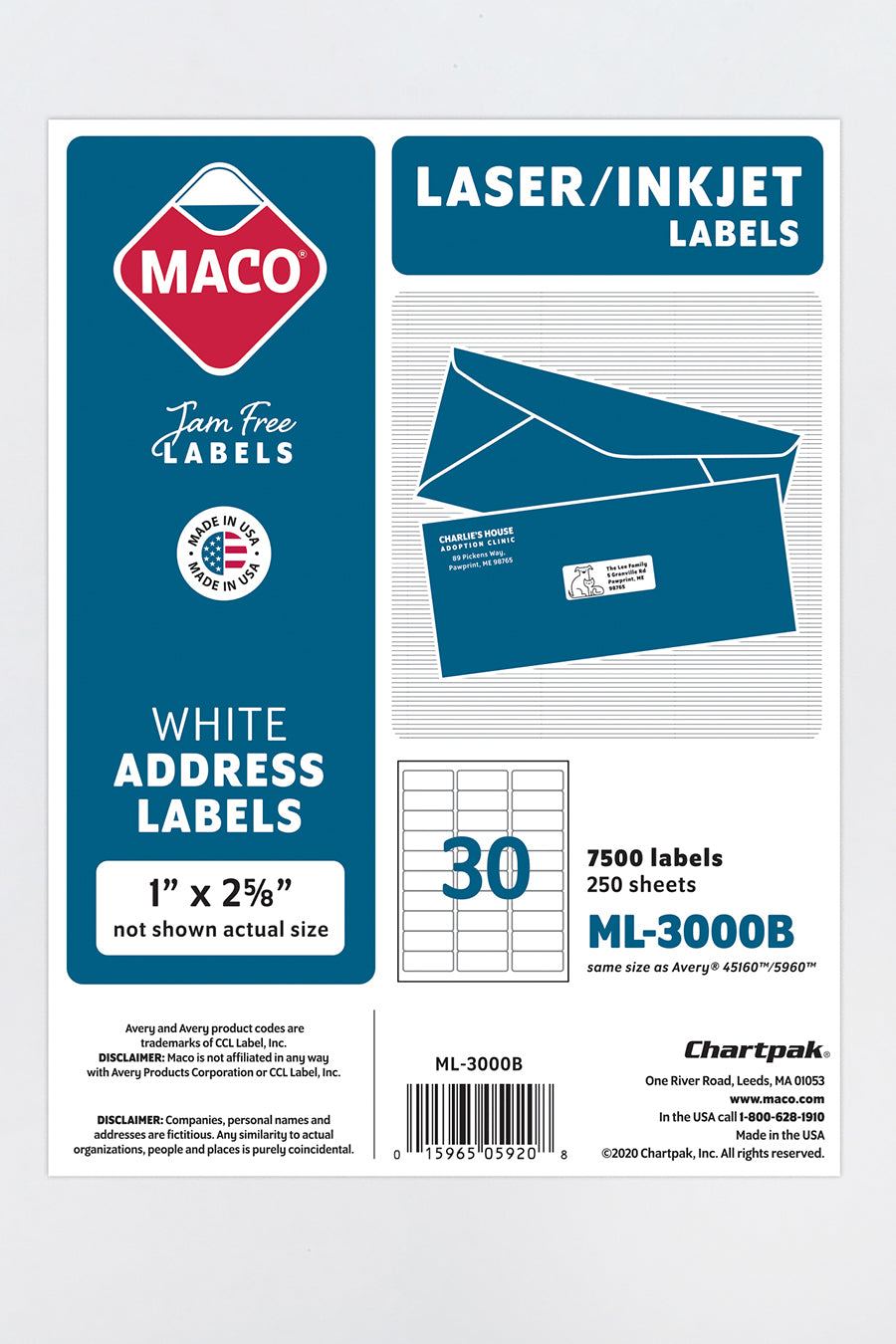 Laser/Ink Jet White Address Labels, 1" x 2-5/8", 30/Sheet, 7500 Labels/Bx