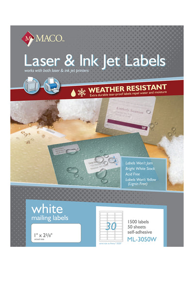 Laser/Ink Jet Weather-Resistant White Address Labels, 1" x 2-5/8", 30/Sheet, 1500 Labels/Bx