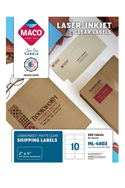 Laser/Ink Jet Clear Shipping Labels, 2" x 4", 10/Sheet, 500 Labels/Bx