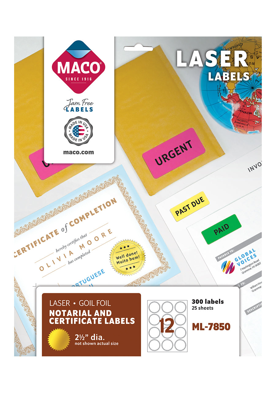 Laser Gold Foil Labels, 2-1/2" Dia. Round, 12/Sheet, 300 Labels/Pk