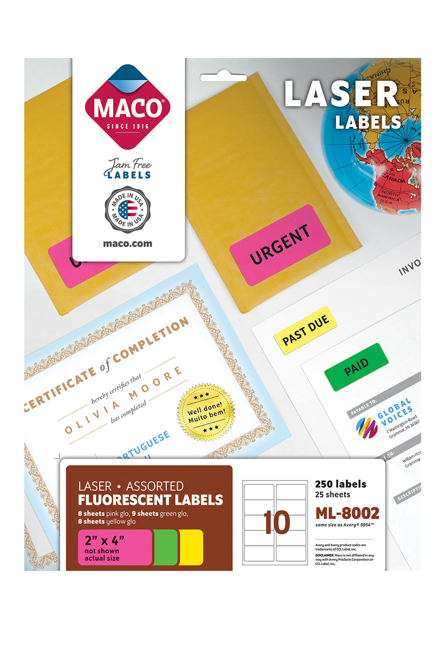 Laser Assorted Neon Labels, 2" x 4", 10/Sheet, 250 Labels/Pk