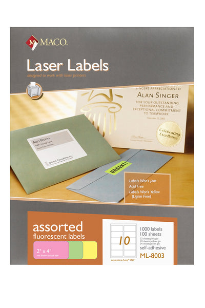 Laser Assorted Neon Labels, 2" x 4", 10/Sheet, 1000 Labels/Bx