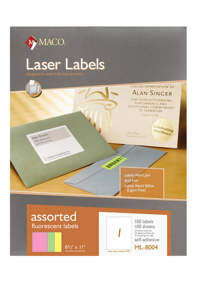 Laser Assorted Neon Labels, 8-1/2" x 11", 1/Sheet, 100 Labels/Bx