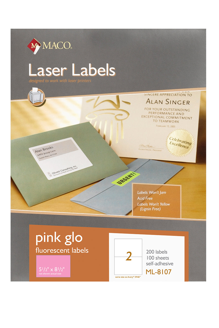 Laser Pink Neon Labels, 5-1/2" x 8-1/2", 2/Sheet, 200 Labels/Bx
