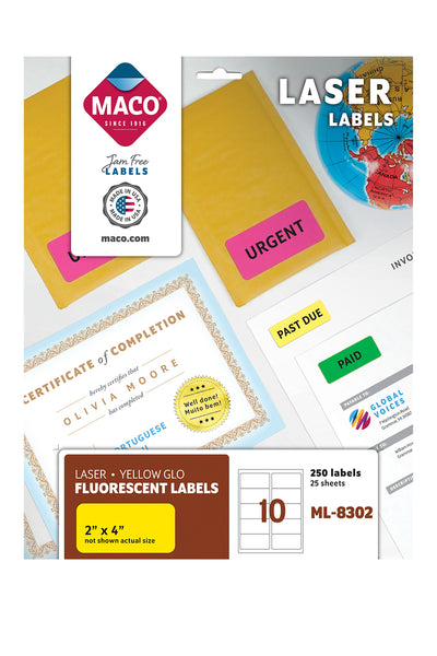 Laser Yellow Neon Labels, 2" x 4", 10/Sheet, 250 Labels/Pk