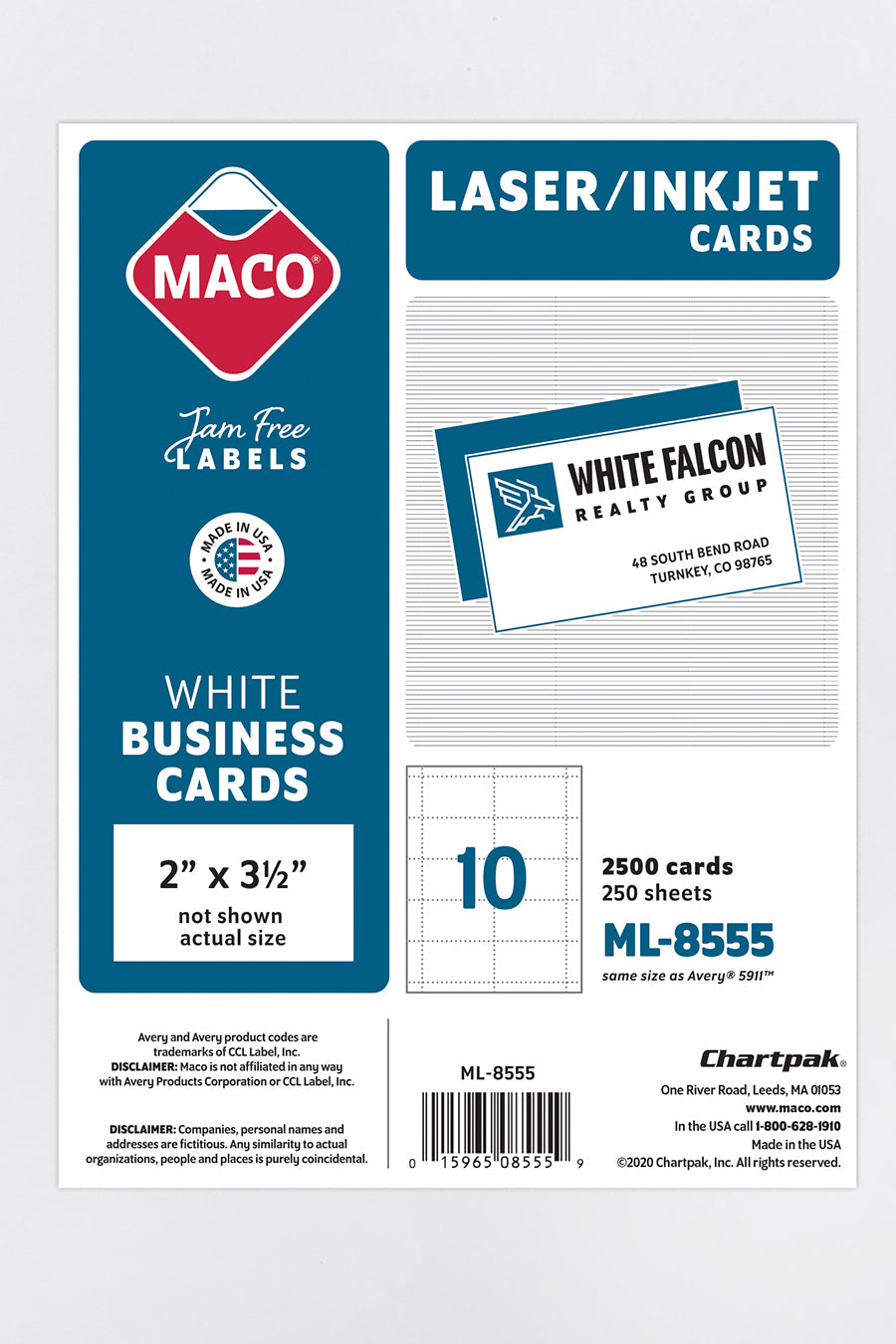 Laser/Ink Jet White Business Cards, 2" x 3-1/2", 10/Sheet, 500 Cards/Bx