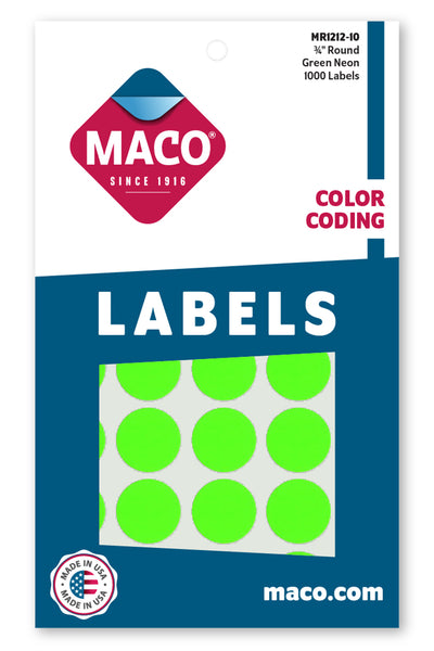3/4" Dia. Color Coding Labels, Green Neon, 1000/Bx