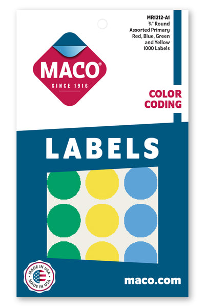 3/4" Dia. Color Coding Labels, Assorted Primary, 1000/Bx