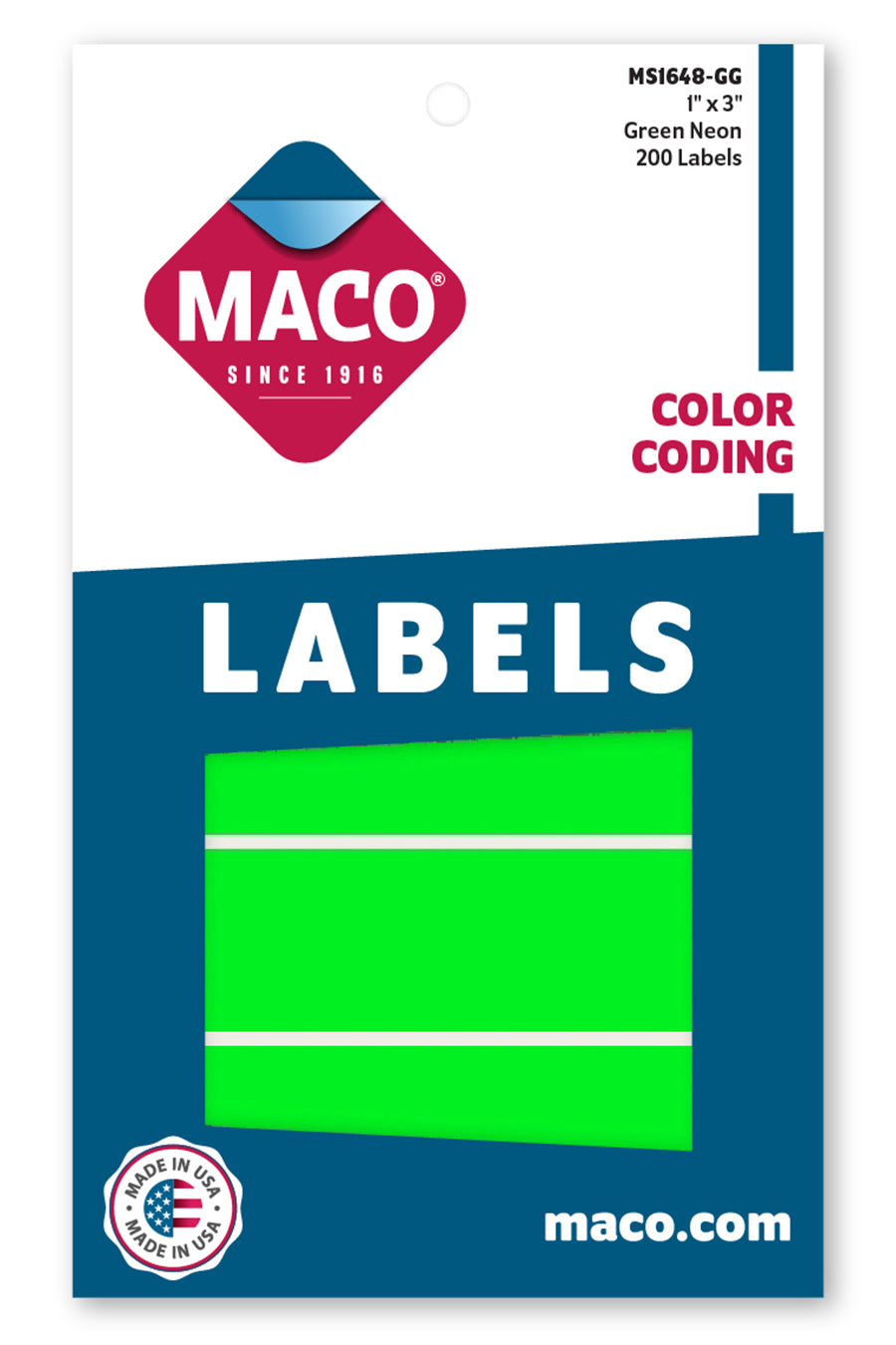 1" x 3" Color Coding Labels, Green Neon, 200/Bx