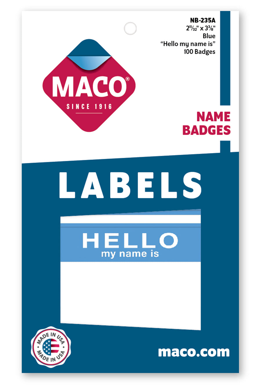 Chartpak Blue "Hello My Name Is" Name Badges, 2-11/32" x 3-3/8", 2/Sheet, 100/Bx