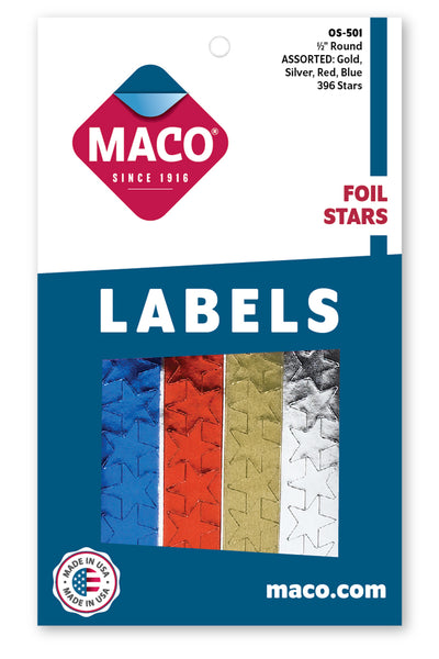 Assorted Color Foil Star Labels, 1/2" Dia., 396/Bx