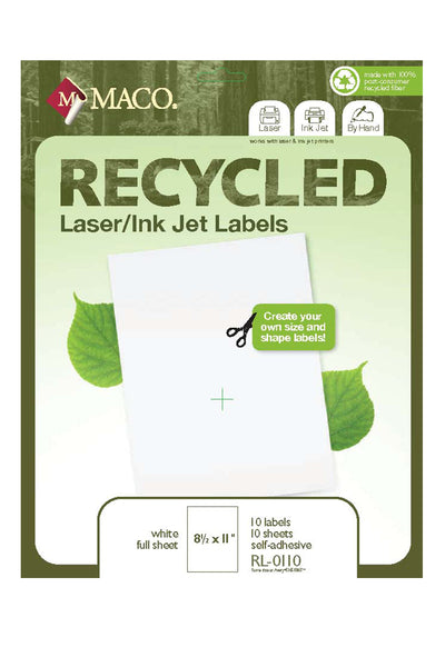 Laser/Ink Jet Recycled White Full-Sheet Labels, 8.5" x 11", 1/Sheet, 10 Labels/Pk