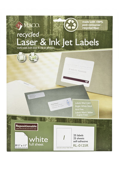 Laser/Ink Jet Recycled White Full-Sheet Labels w/ Repositionable Adhesive, 8.5" x 11", 1/Sheet, 25 Labels/Pk