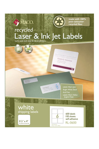 Laser/Ink Jet Recycled White Shipping Labels, 3-1/3" x 4", 6/Sheet, 600 Labels/Bx
