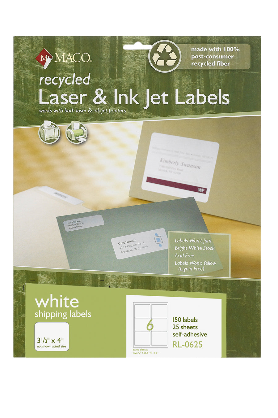 Laser/Ink Jet Recycled White Shipping Labels, 3-1/3" x 4", 6/Sheet, 150 Labels/Pk