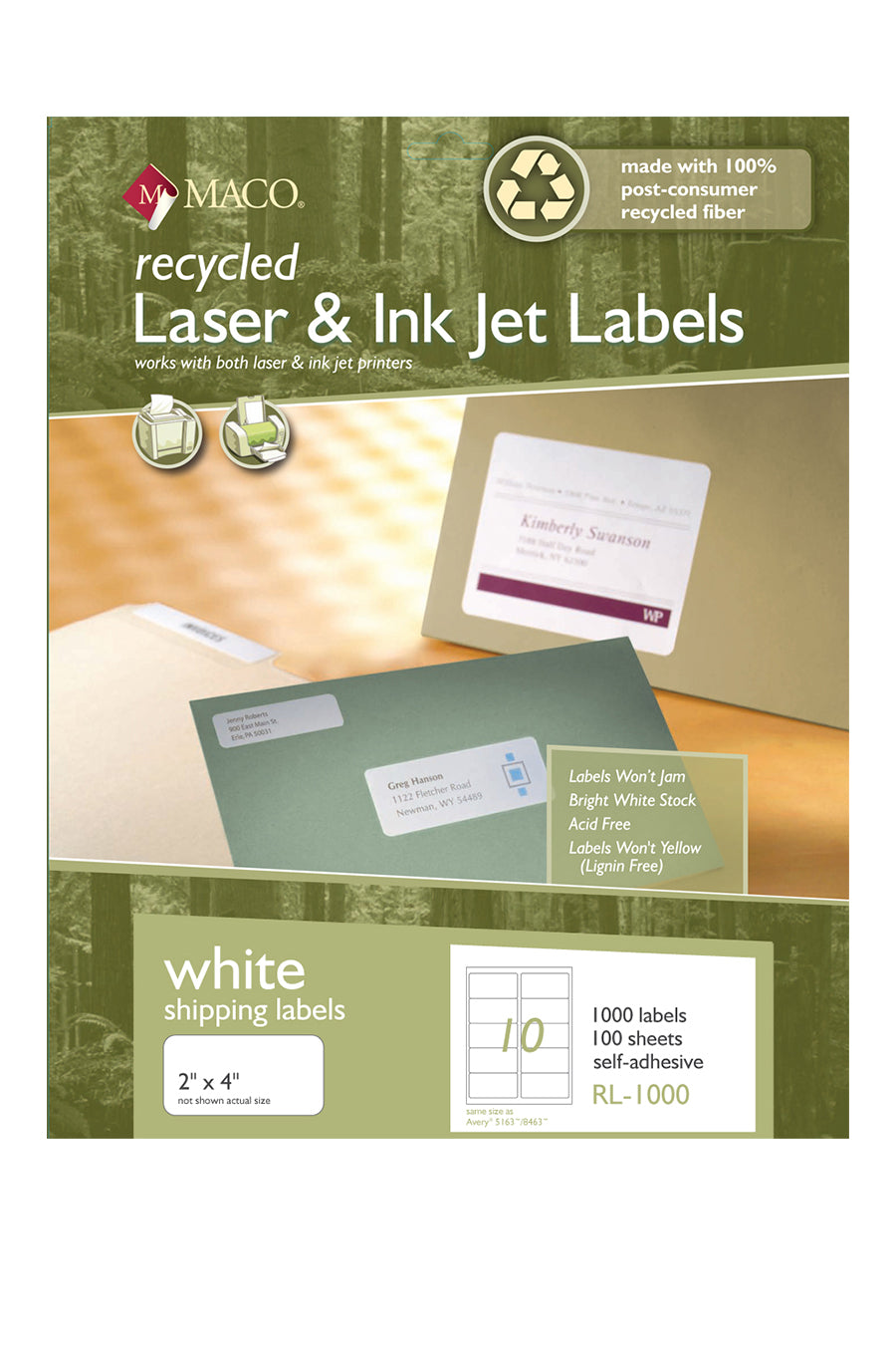 Laser/Ink Jet Recycled White Shipping Labels, 2" x 4", 10/Sheet, 1000 Labels/Bx
