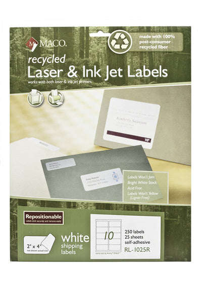 Laser/Ink Jet Recycled White Shipping Labels w/ Repositionable Adhesive, 2" x 4", 10/Sheet, 250 Labels/Pk