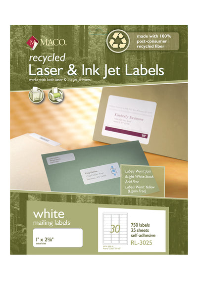 Laser/Ink Jet Recycled White Address Labels, 1" x 2-5/8", 30/Sheet, 750 Labels/Pk