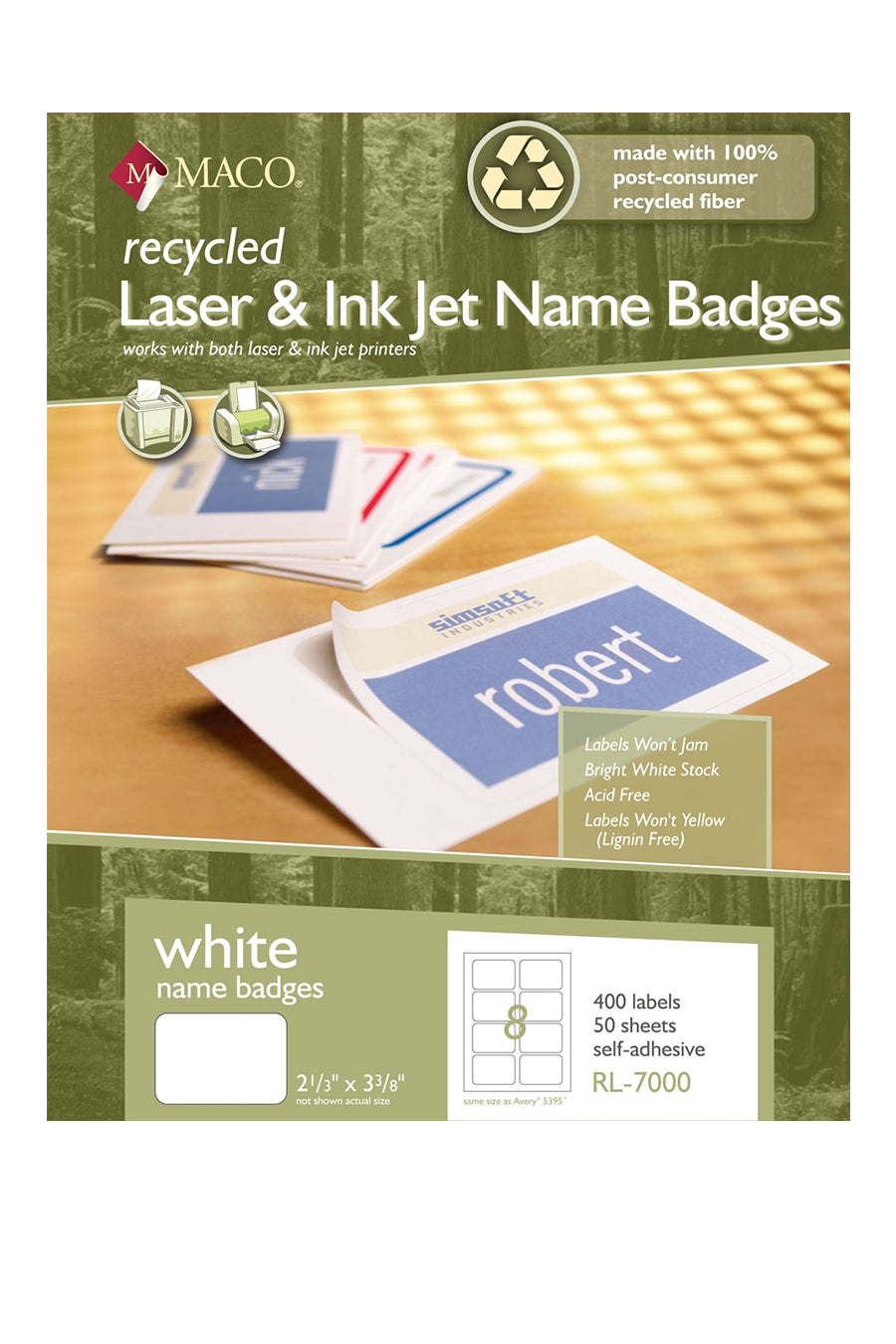 Laser/Ink Jet Recycled White Name Badges, 2-1/3" x 3-3/8", 8/Sheet, 400 Badges/Bx