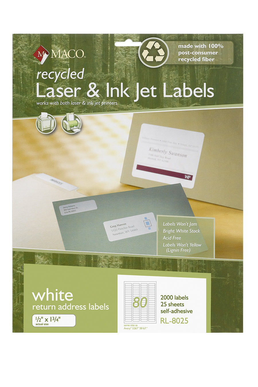 Laser/Ink Jet Recycled White Return Address Labels, 1/2" x 1-3/4", 80/Sheet, 2000 Labels/Pk