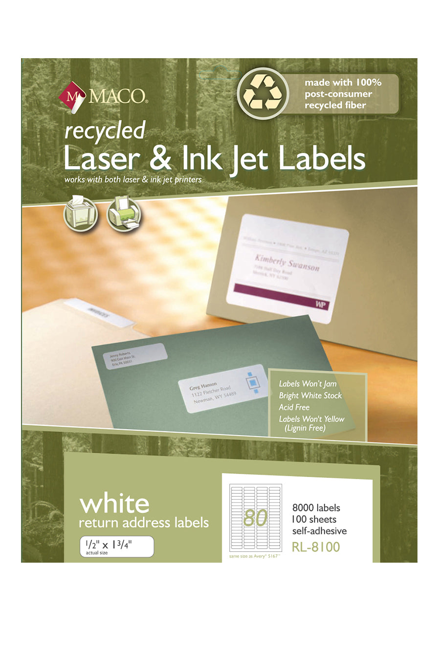 Laser/Ink Jet Recycled White Return Address Labels, 1/2" x 1-3/4", 80/Sheet, 8000 Labels/Bx