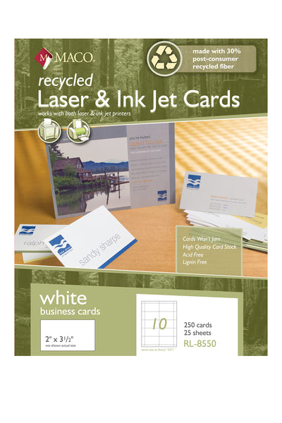 Laser/Ink Jet Recycled White Business Cards, 2" x 3-1/2", 10/Sheet, 250 Cards/Bx