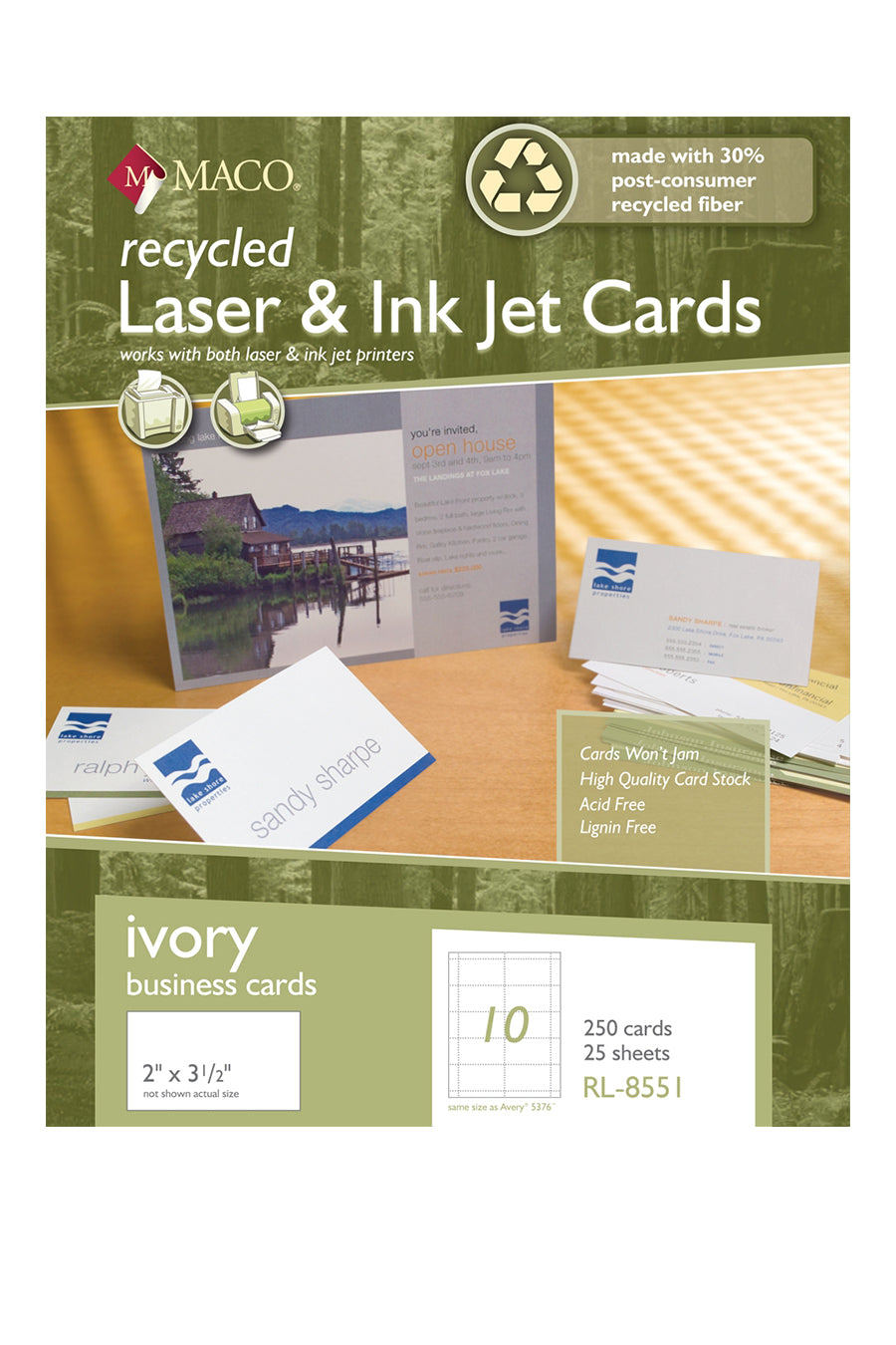 Laser/Ink Jet Recycled Ivory Business Cards, 2" x 3-1/2", 10/Sheet, 250 Cards/Bx